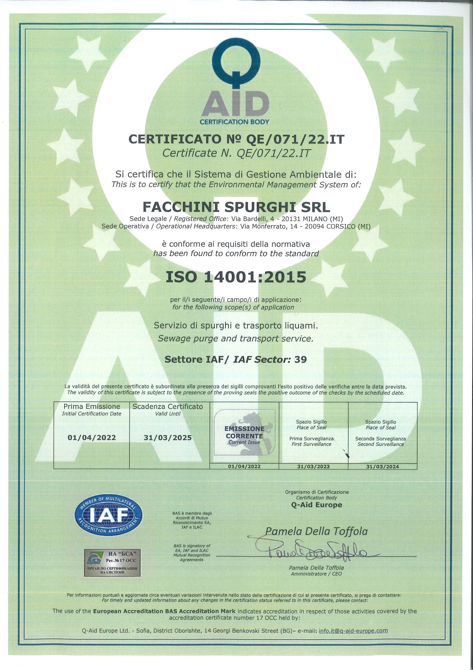 certificazione ISO 14001:2015 Facchini spurghi
